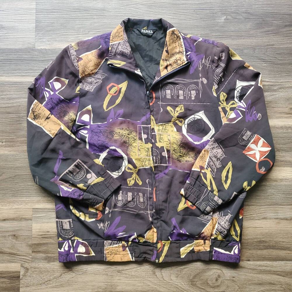 Vintage 1990s Papita Nylon Travel Map Print Bomber Jacket